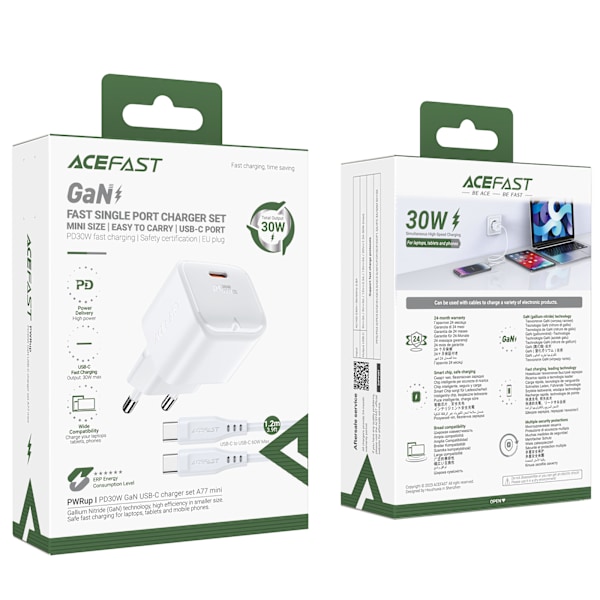 Mini PD 30W GaN laddare + USB-C kabel, vit