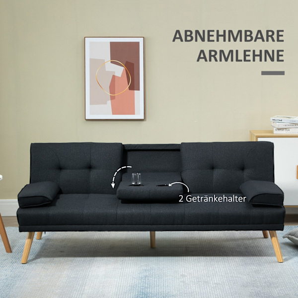 Sovesofa, 3-personers sovesofa med klapbord, kopholder, sengesofa med hørlook, i Scandi design, bæreevne op til 250 kg, til stue, grå