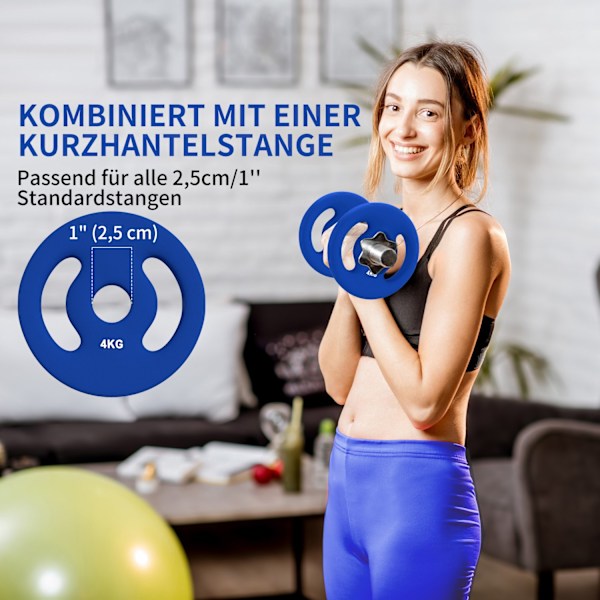 Sæt med 2 håndvægte, 2 x 4 kg vægte, vægtpladesæt, vægtskiver til 2,5 cm håndvægtstang, Ø 30 mm hul, blå