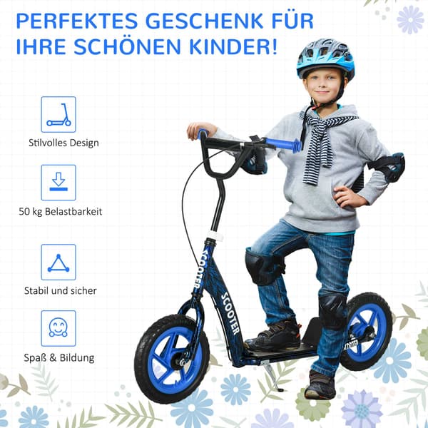 Justerbar børnescooter med bremse, stativ, stål, blå