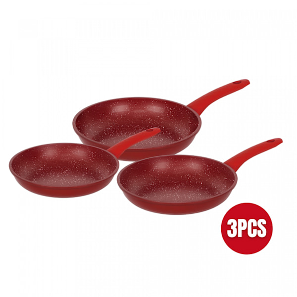 Herzberg HG-04807RED: 3 delar marmorbelagd smidd stekpanna Set - Röd