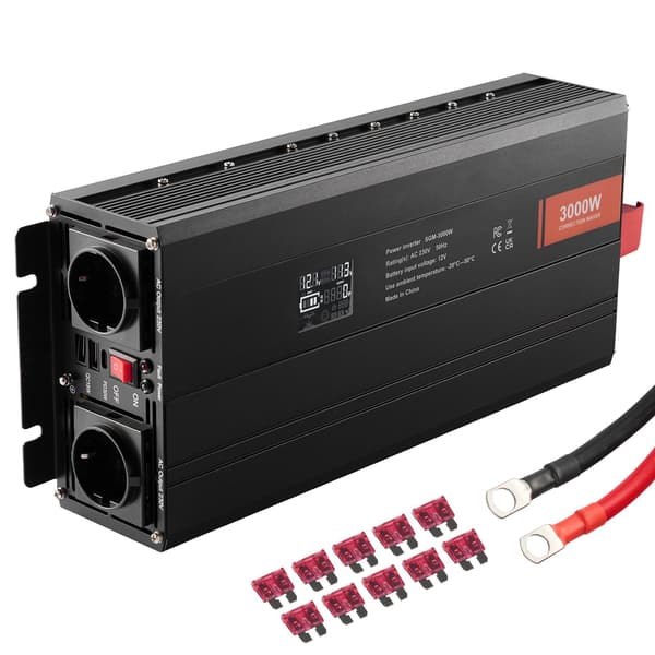 3000 W:n invertteri 12 V:sta 230 V:iin, LCD, USB-C