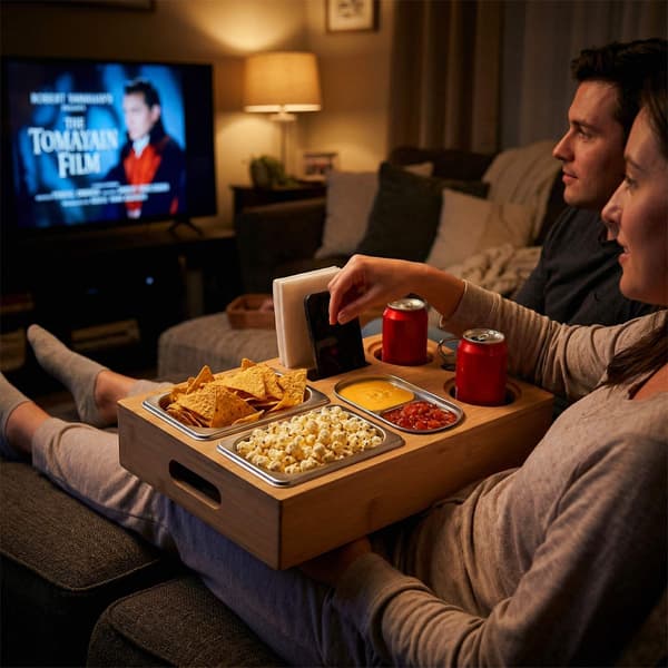 Bambus sofa snackbar – 3 skåle i rustfrit stål, kopholdere