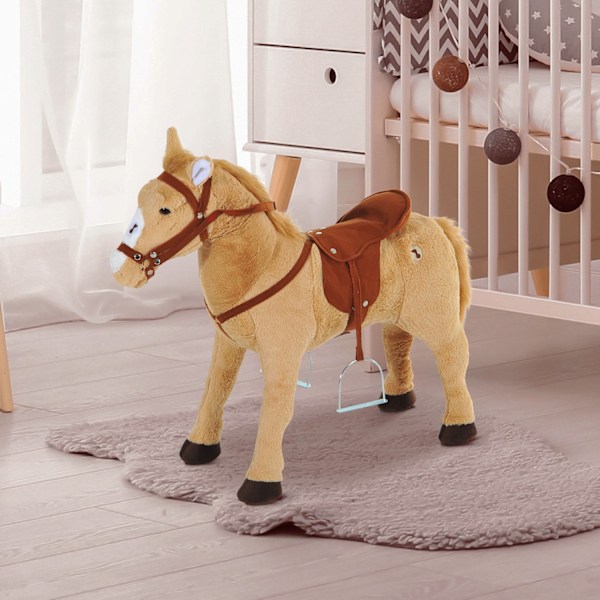 Gyngehest Ridehest Legehest Plyshest Til Børn Ståhest Med Lyd Beige 85 X 28 X 60 Cm