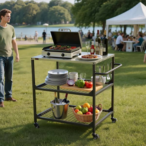 Udendørs grillvogn, rustfri top, 2 trådnethylder, hjul