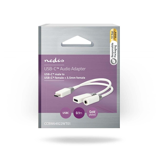 USB-C™ Sovitin | USB 2.0 | USB-C™ Uros | USB-C™ Naaras / 3.5 mm naaras | 0.10 m | Pyöreä | Kullattu | PVC | Valkoinen | Laatikko