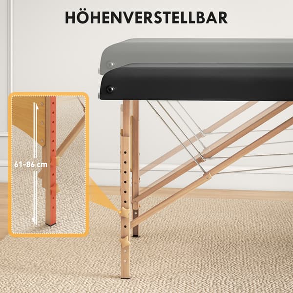 Højdejusterbart massagebriks, træstel, foldbar massageseng, skumpolstring, sort