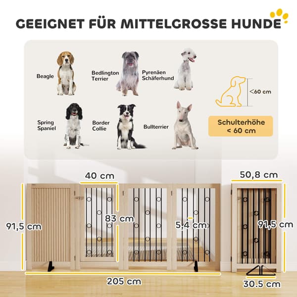 Fristående husdjursgrind med dörr, 4 paneler, MDF och stål