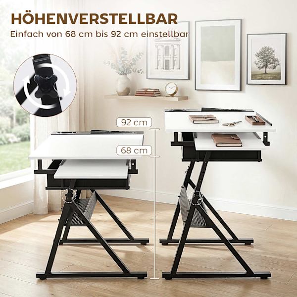 Ställbart ritbord med pall och förvaring, vit