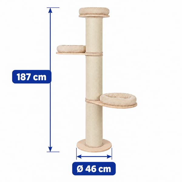Kradsetræ til katte med 3 polstrede platforme, 187 cm – Beige, Sisalstolpe