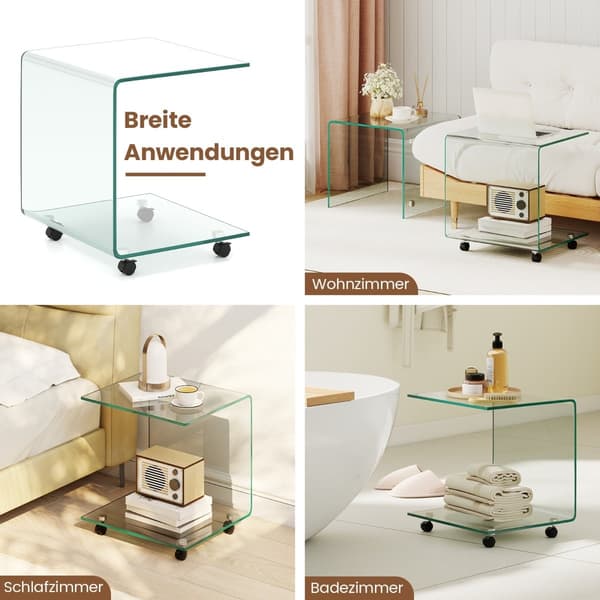 C-format sidobord i härdat glas med hjul