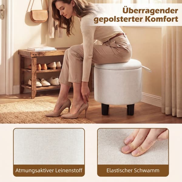 Rund linnedpuf med opbevaring, beige, Ø38 cm