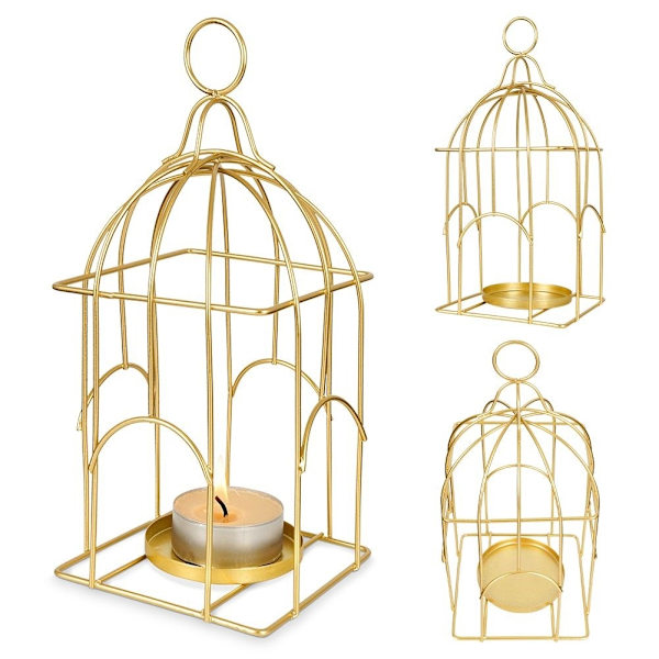 Fågelbur Lykta för Ljus/Tealight i Gyllene Metall