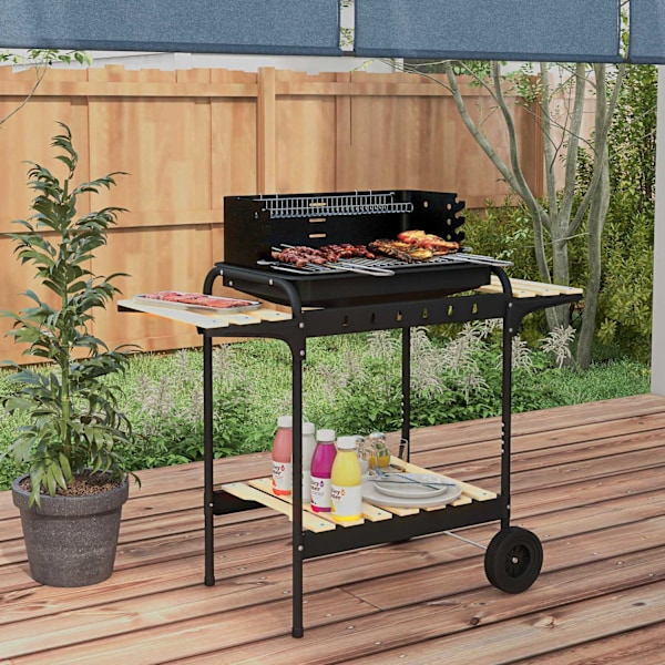Hiiligrilli metallista BBQ-savustin pyörillä, korkeussäädettävä grilliritilä, puinen hylly, siirrettävä grillivaunu hiiligrilli, hiiligrilli grilliret