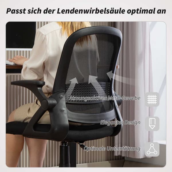 Ergonomisk kontorstol i net med foldbare armlæn, sort