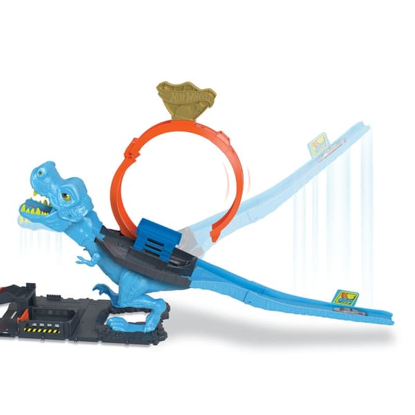 T-Rex Chomp Down -leikkisetti Hot Wheels -autoilla ja -radalla