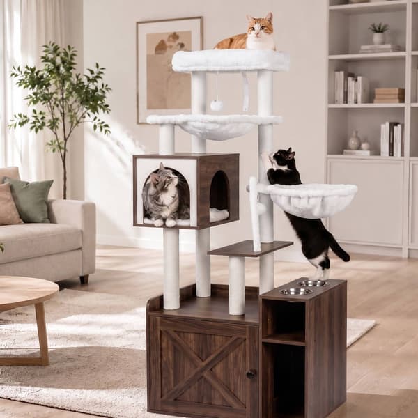 Stort vitt klösträd med kattlåda och sisalstolpar
