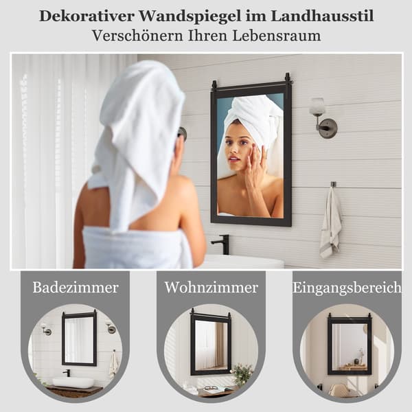 Rustik rektangulär väggspegel, massiv träram, 76x56 cm