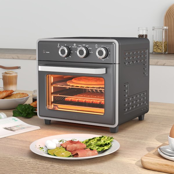 Miniugn med cirkulerande luft 20L miniugn med bakplåt, grillgaller och smulplåt, 90°C-230°C varmluftsfritös med 5 lägen, frityrkorg, 60 min timer, 140