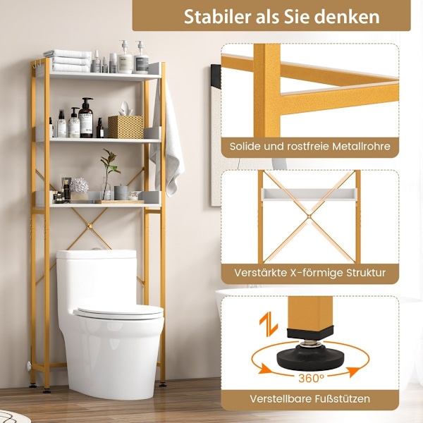 3-lags toilethylde med 4 kroge og justerbare fødder Pladsbesparende badeværelseshylde, hvid