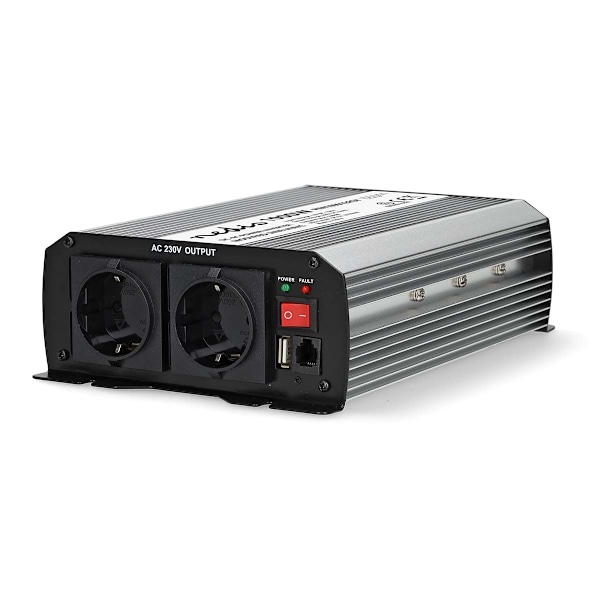 Växelriktare med modifierad sinusvåg | Inspänning: 12 V DC | Enhetens utgångsanslutning: Type F (CEE 7/3) / USB-A | 230 V AC 50 Hz | 1000 W | Toppeffe