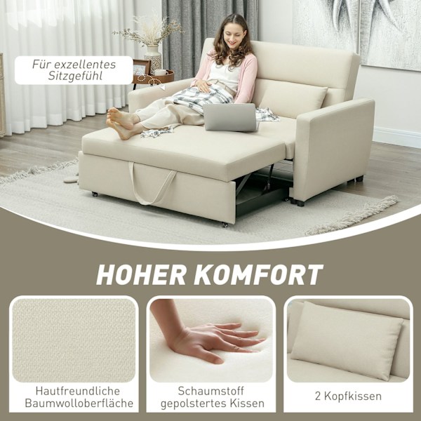 Bäddsoffa, 2-sits soffa med sovfunktion, justerbart ryggstöd, soffa med kuddar, sammetslook, bäddsoffa med bäddbox för vardagsrum, gästrum, beige