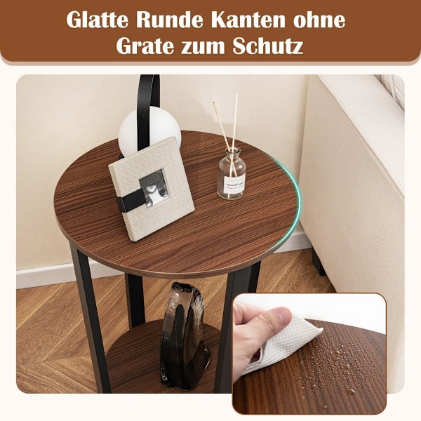 Runt sidobord med öppen hylla &amp; Metallram 2-vånings Accent Bord Soffbord Valnöt
