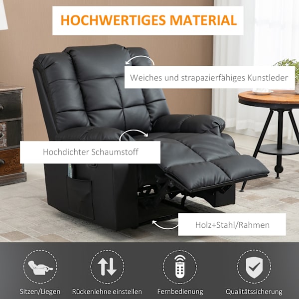 Massagestol, TV-stol, elektrisk avslappningsstol med massagefunktion, konstläder, trä, stål, skum, svart, 94 x 99 x 99 cm