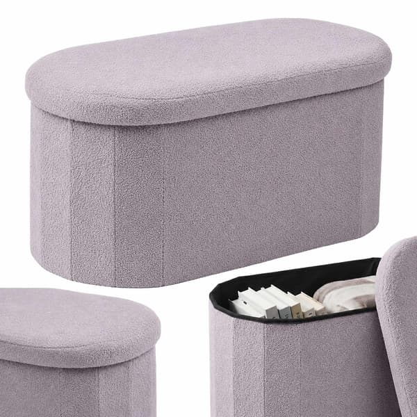 Vaaleanharmaa teddykankainen säilytyspenkki – 76 cm soikea
