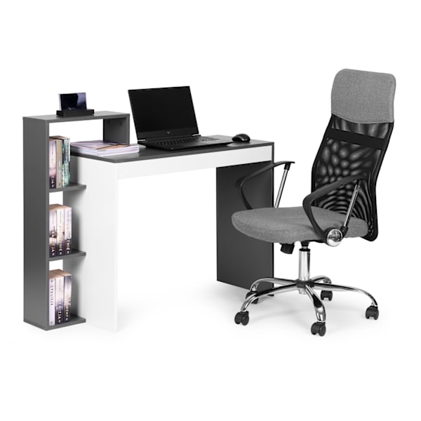 Hvidt og gråt kontor computerbord, bord + reol med 4 hylder
