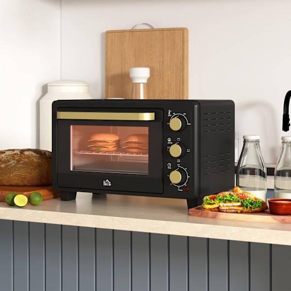 Miniugn 16 L 1400W Miniugn 100-230? 60 min. timer, med grillgaller och bakplåt, pizzaugn med plåthandtag, smulplåt svart Aosom