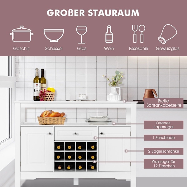 Moderne spisestuebuffet med krydsformet vinreol åben hylde 2 skabe & skuffe hvid