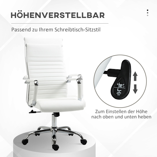 Kontorstol med vippefunktion, stålfødder, ergonomiske, 360° drejelige hjul, imiteret læder, bæreevne 120 kg, 54 x 62 x 104-114 cm, hvid