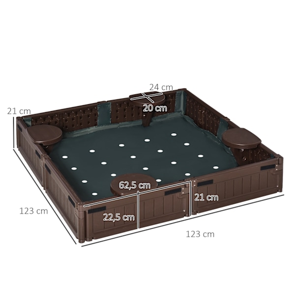 Hiekkalaatikko hiekkalaatikko 4-paikkainen pohjapeitteellä ja pressulla lapsille 3-12 vuotta, HDPE, 123x123x21 cm, ruskea
