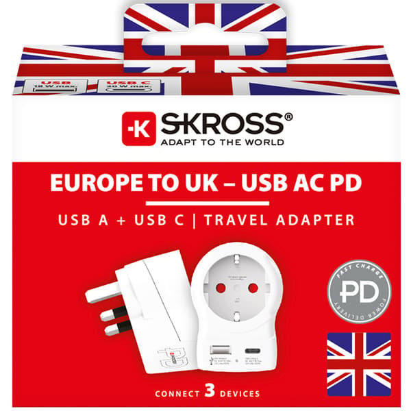 EU til UK stikadapter, USB-A/USB-C 20W PD jordet