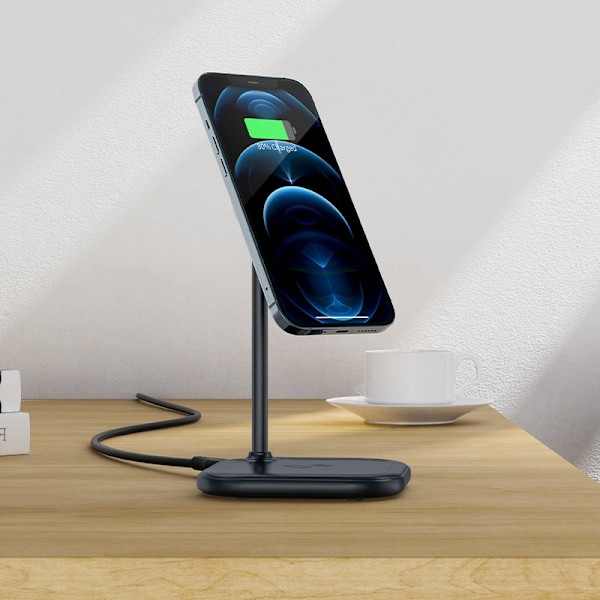 2i1 Qi 15W trådløs oplader og stativ til iPhone og Apple AirPods E6 sort
