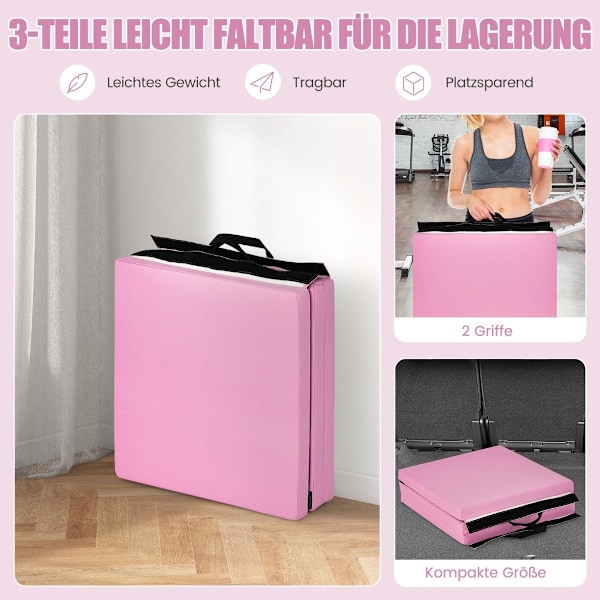 Sammenfoldelig blød gulvmåtte med 2 håndtag skridsikker gymnastikmåtte 180 x 60 x 5 cm pink