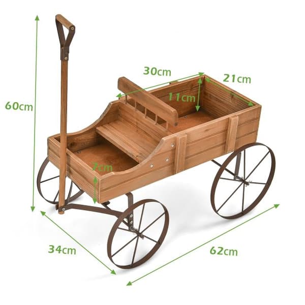 Trävagn med hjul, 2 planteringssektioner