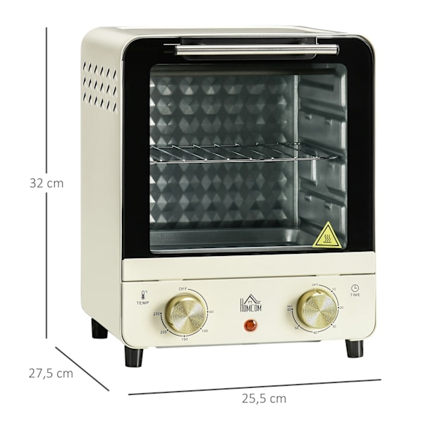 Miniovn 15L, 1 times timer, 60-230°C, pizzaovn med cirkulationsluft, 1000 W, miniovn med bagepladesæt, krummebakke, cremehvid