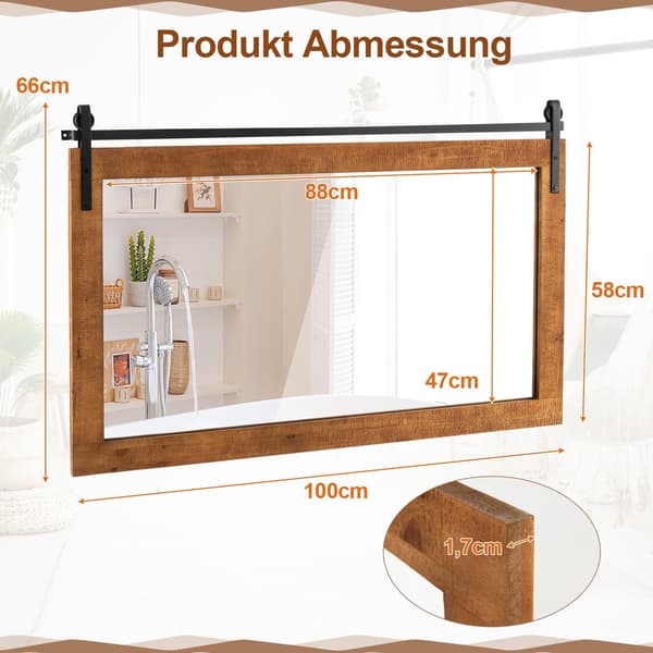 Rustik väggspegel med träram, 100x66 cm, brun