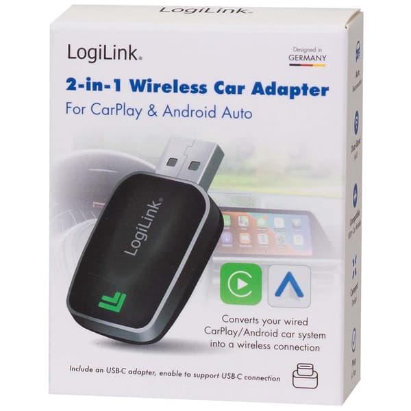 LogiLink trådlös CarPlay- och Android Auto-adapter, Bluetooth 5.0, svart
