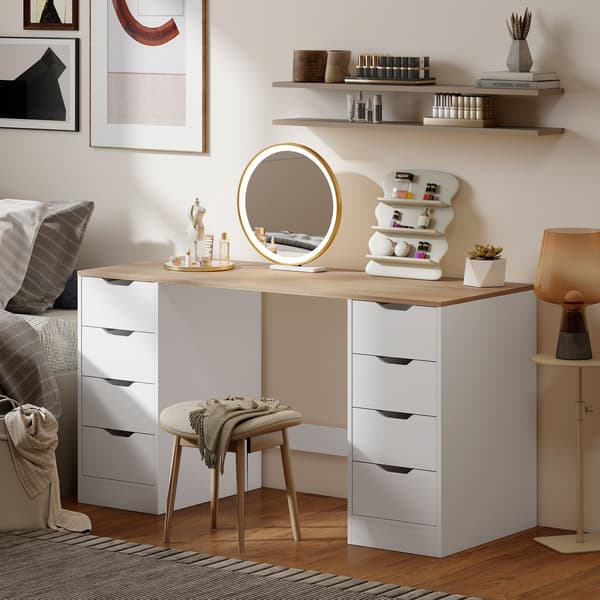 140 cm computerbord, 8 skuffer, stål og træ, hvid