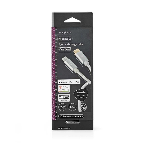 Lightning Kaapeli | USB 2.0 | Apple Lightning 8-Pin | USB-C™ Uros | 480 Mbps | Kullattu | 1.00 m | Pyöreä | Nailon / Punottu | Alumiini / Hopea | Laat