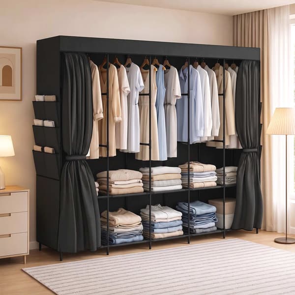 Bærbart stofgarderobe, støvtæt, 5 stænger, sort, 212x45x167 cm