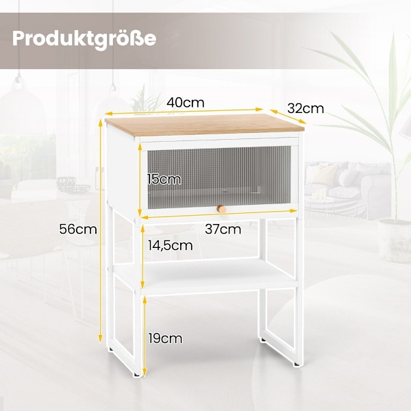 Sängbord sidobord trä Nattduksbord med metallram & hylla & transparent dörr 40 x 32 x 56 cm vit