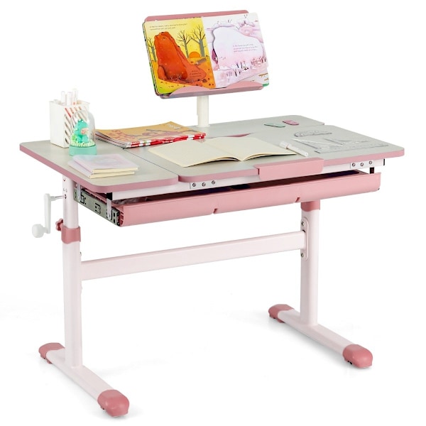 Barnskrivbord 51-73 cm Höjdjusterbart studentskrivbord med fällbar bordsskiva (rosa bord)
