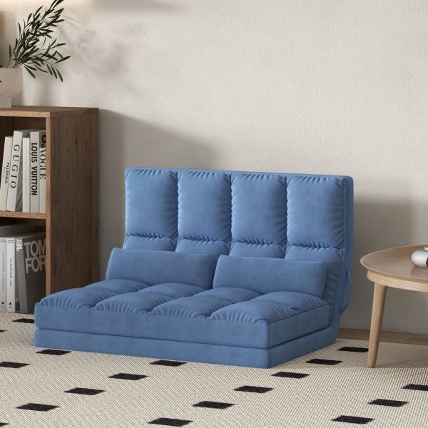 Gulvstol 2-I-1 Gulvstol Sammenklappelig Sengeryglæn 3 Positioner Justerbar Sædehynde Fløjl Stålblå 102X73X60Cm