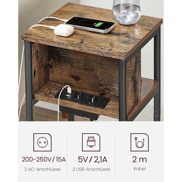 3-lags sidebord med integreret stik og USB-porte