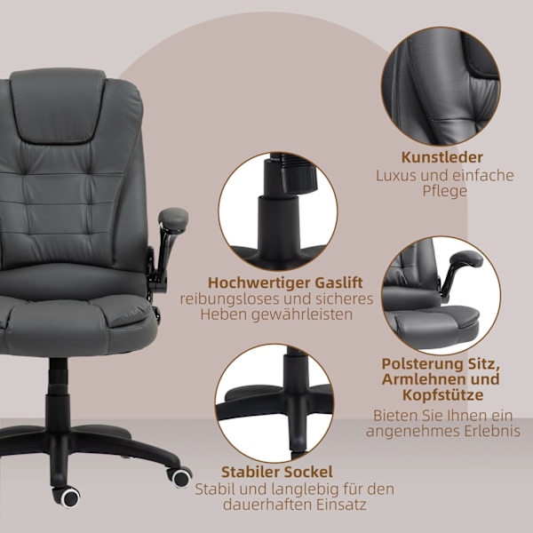 Kontorstol, ergonomisk lederstol med vippefunktion, fold-up armlæn, højdejusterbar skrivebordsstol med drejefunktion til hjemmekontor, imiteret læder,