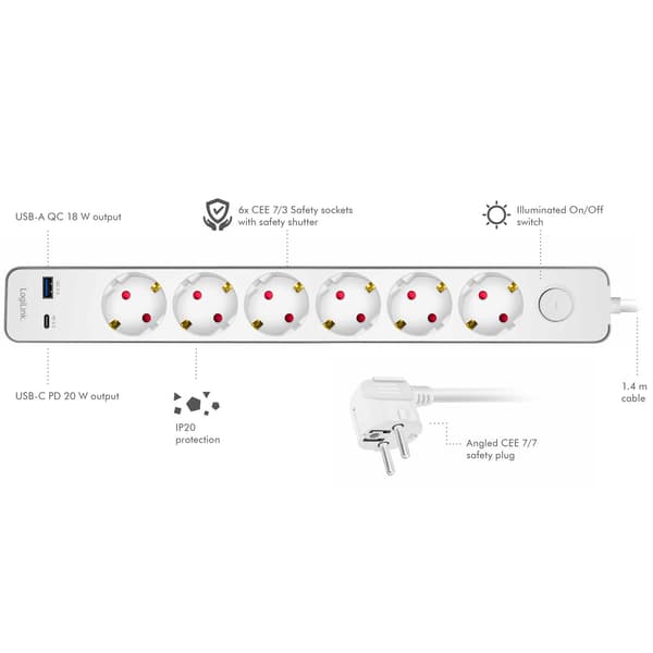Strømskinne 6-vejs + USB-A/USB-C PD 20W, Afbryder, 1,4m, Hvid